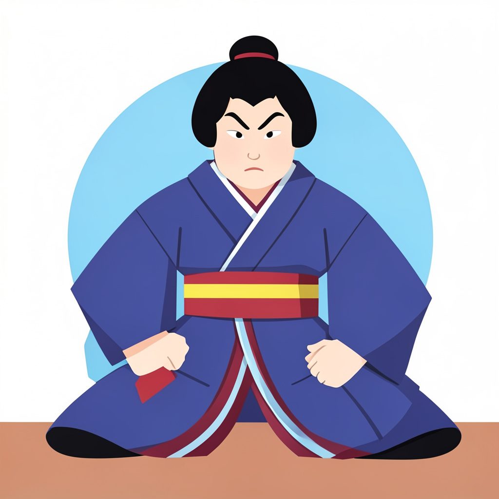 Ilustración vectorial plana de una escena de teatro kabuki con abanicos y trajes tradicionales en tonos rojo, negro y dorado, con un ambiente teatral y sereno